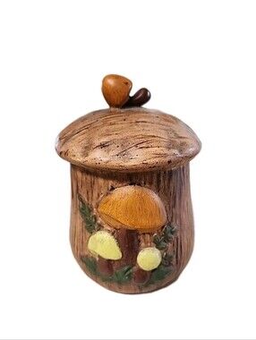 Vtg 1970s Arnel MERRY MUSHROOM Canister Ceramic Hand Painted w/ Lid 7 x 4